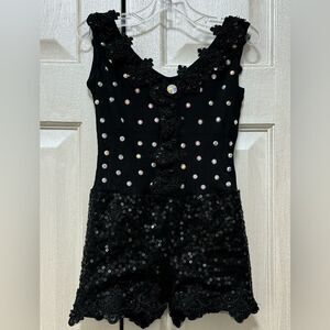 Glamour Costumes Girls M Black Dance Romper Suit Lace Rhinestone Sequins